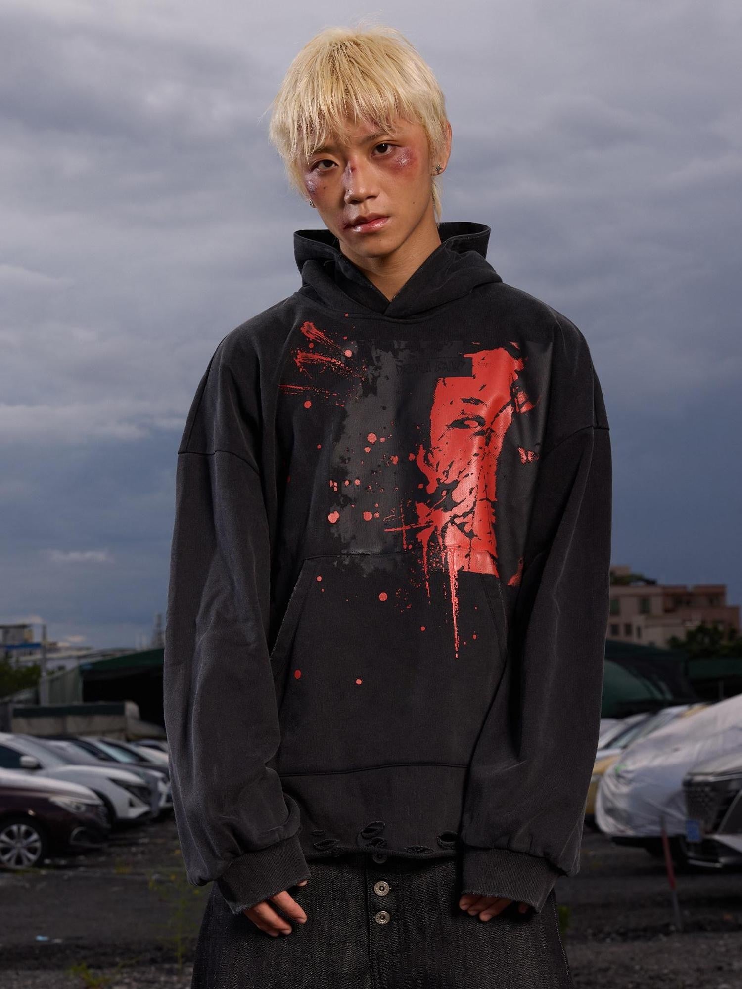 Dream Band Dark Ink Splash Cropped Tassel Studded Hooded Women's Cotton Pullover Hoodies