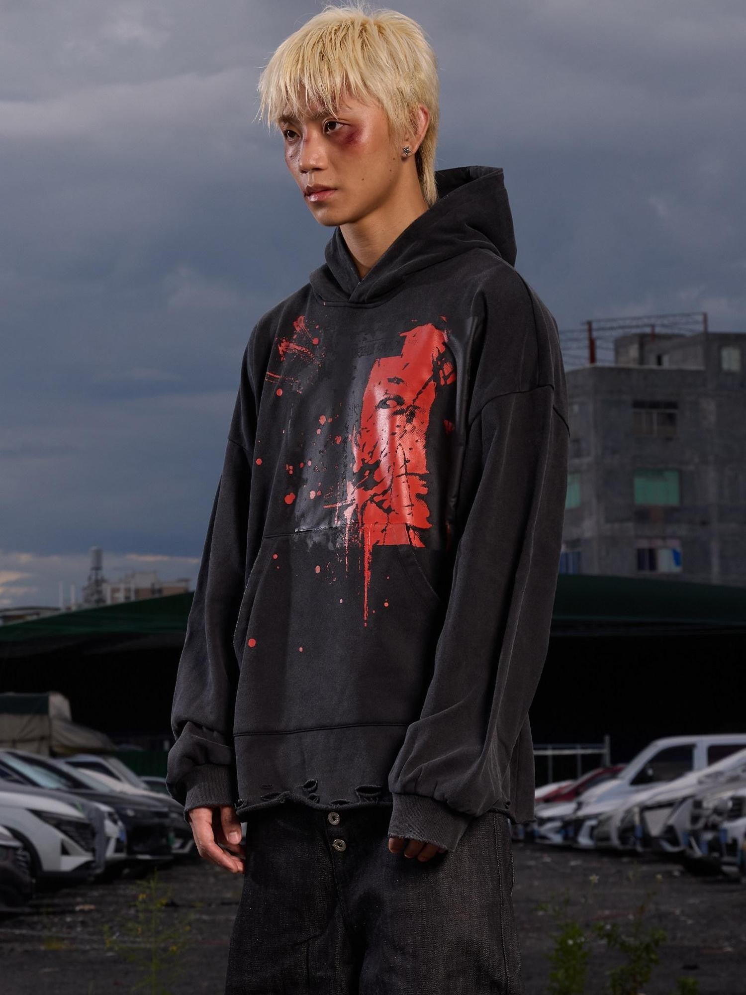 Dream Band Dark Ink Splash Cropped Tassel Studded Hooded Women's Cotton Pullover Hoodies