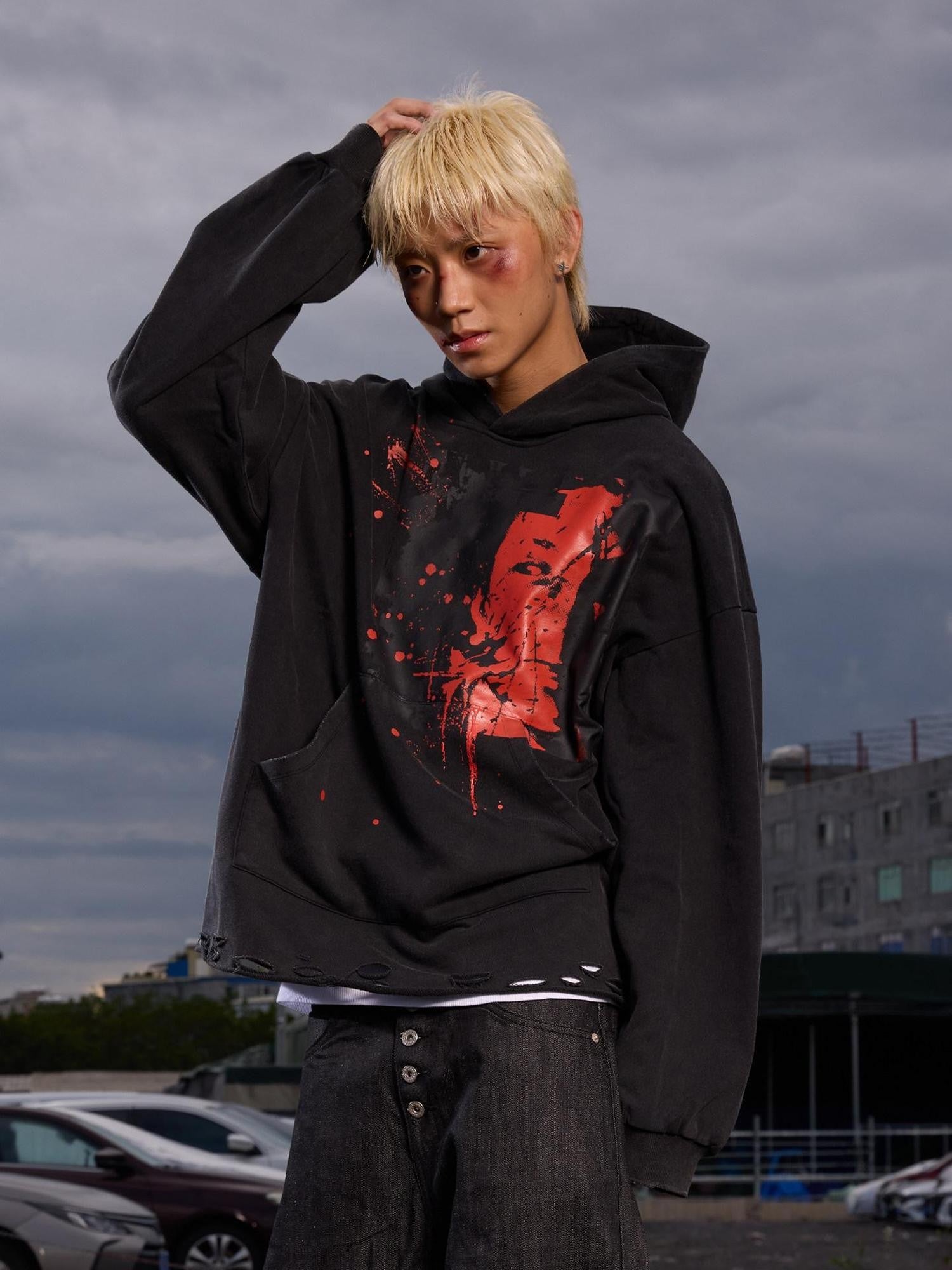 Dream Band Dark Ink Splash Cropped Tassel Studded Hooded Women's Cotton Pullover Hoodies