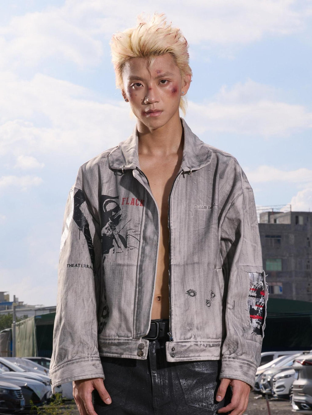 Dream Band Deep Red Tie Dye Stand Collar Zipper Loose Fit Women's Cotton Blend Denim Jackets