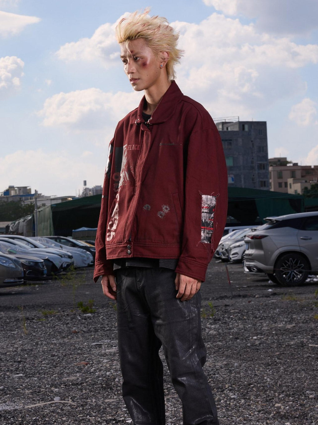 Dream Band Deep Red Tie Dye Stand Collar Zipper Loose Fit Women's Cotton Blend Denim Jackets