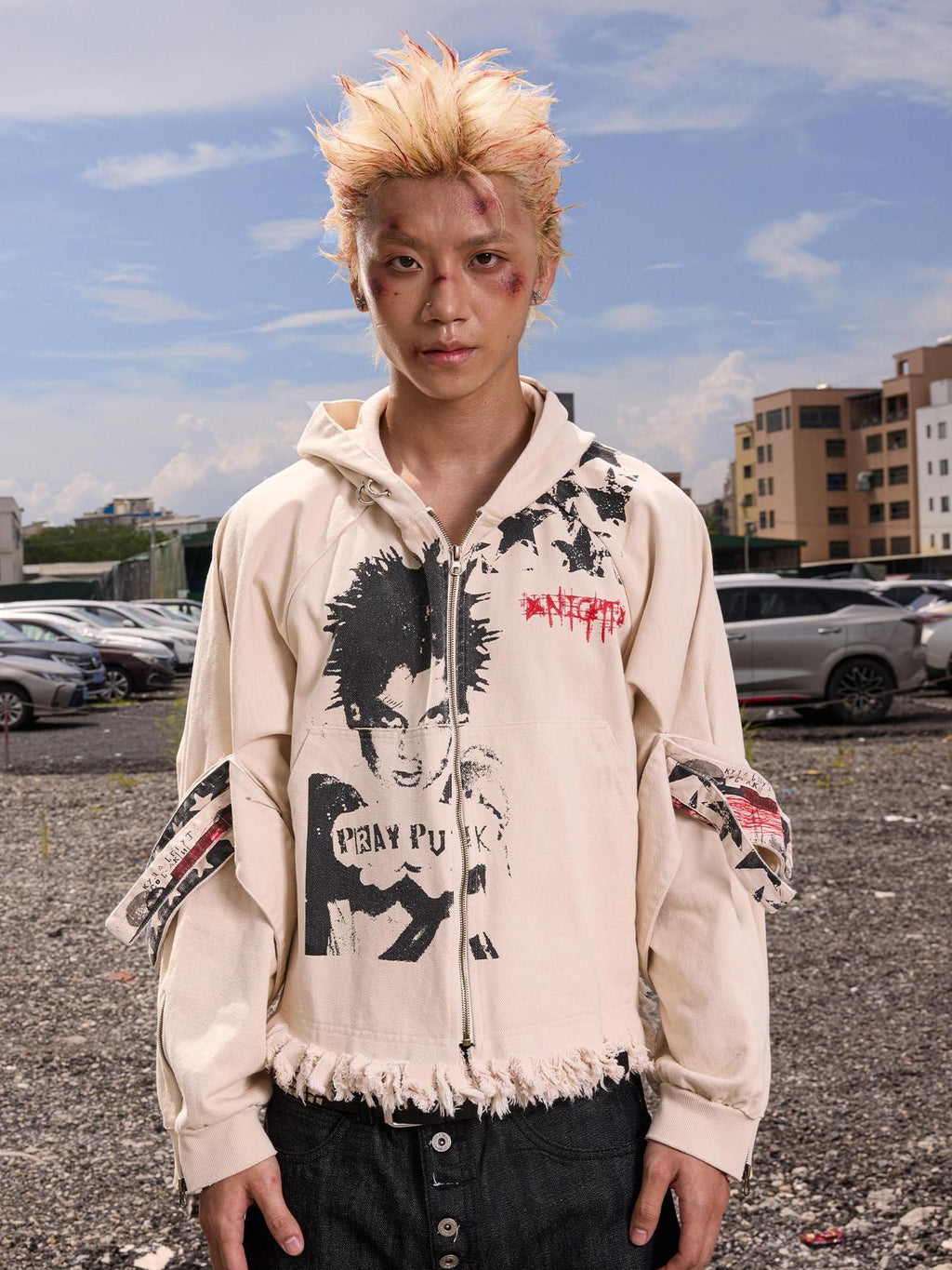 Dream Band Distressed Cropped Pocketed Character Print Women's Polyester Zip-up Hoodies