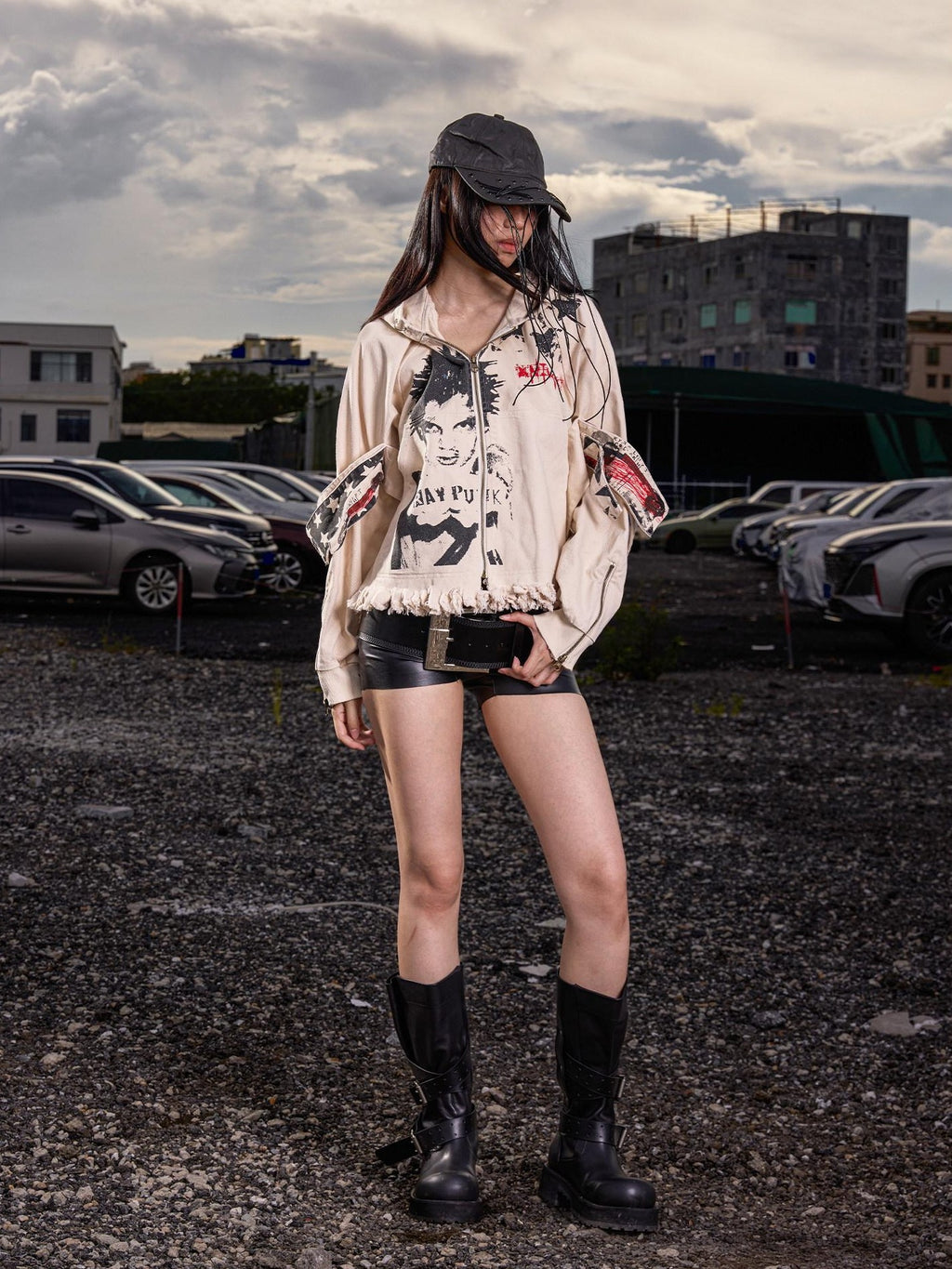 Dream Band Distressed Cropped Pocketed Character Print Women's Polyester Zip-up Hoodies
