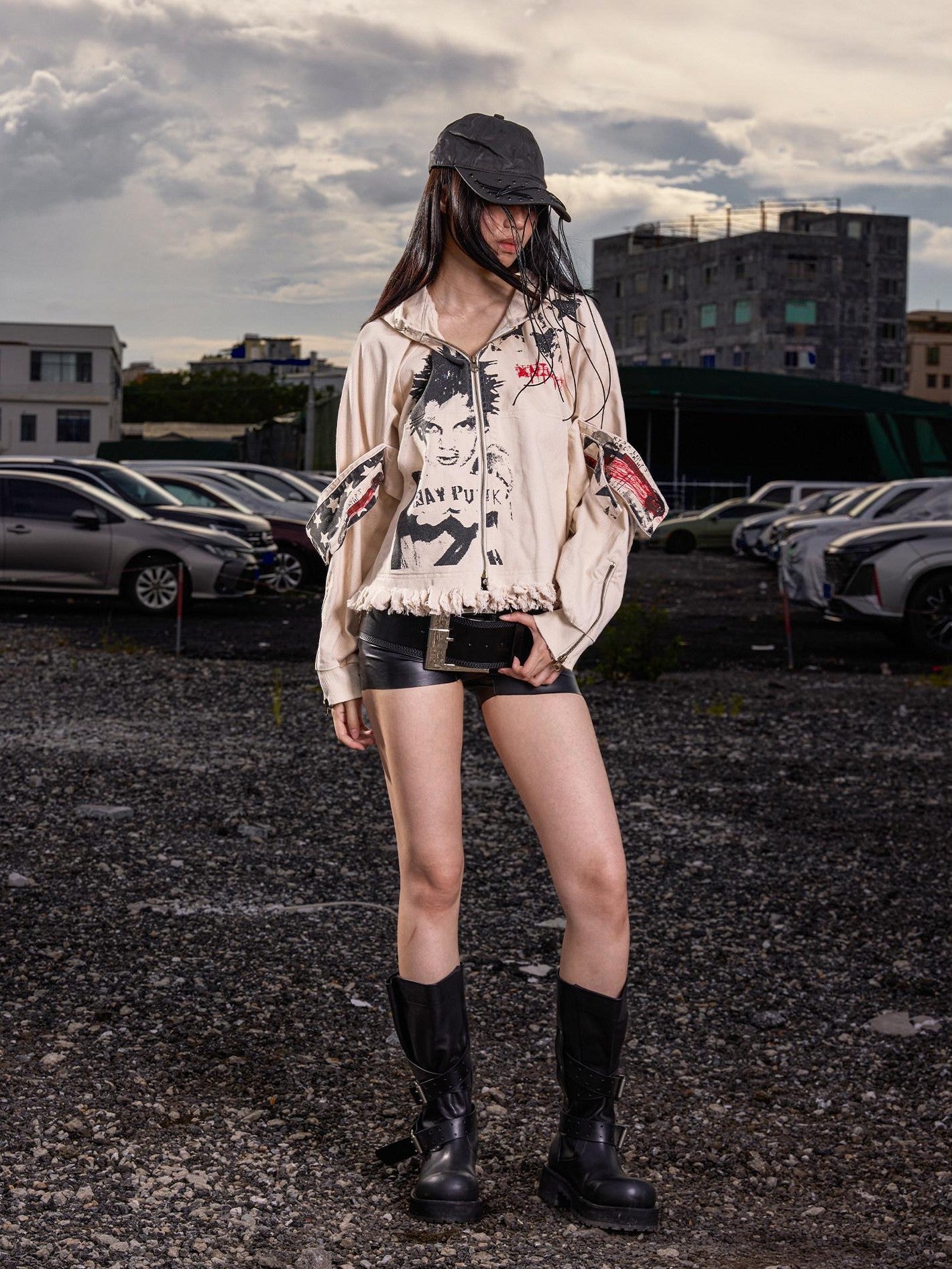 Dream Band Distressed Cropped Pocketed Character Print Women's Polyester Zip-up Hoodies