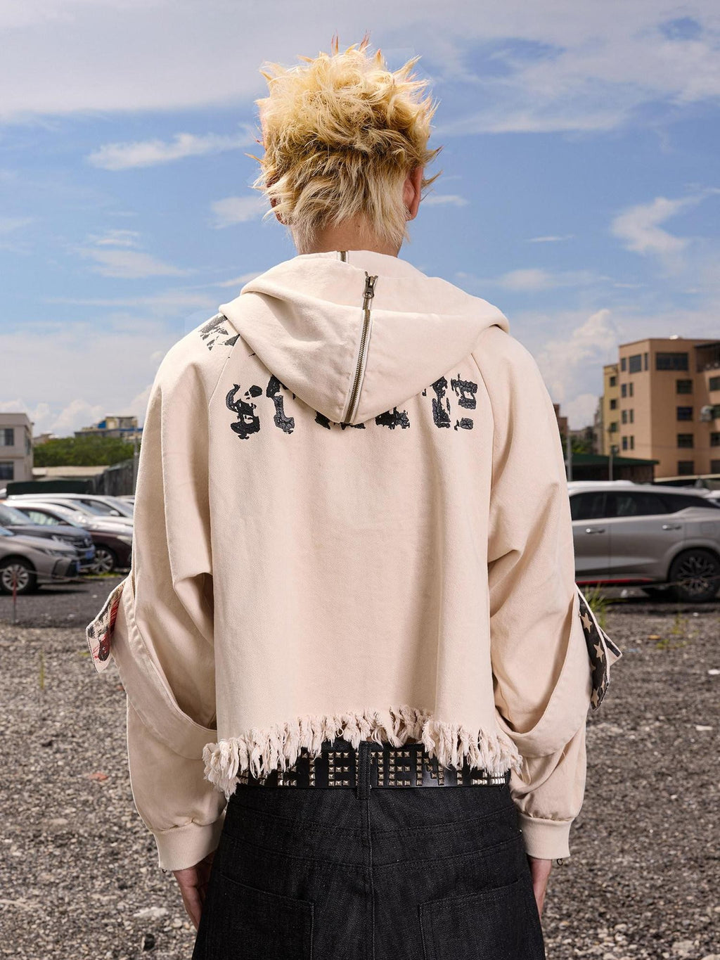 Dream Band Distressed Cropped Pocketed Character Print Women's Polyester Zip-up Hoodies