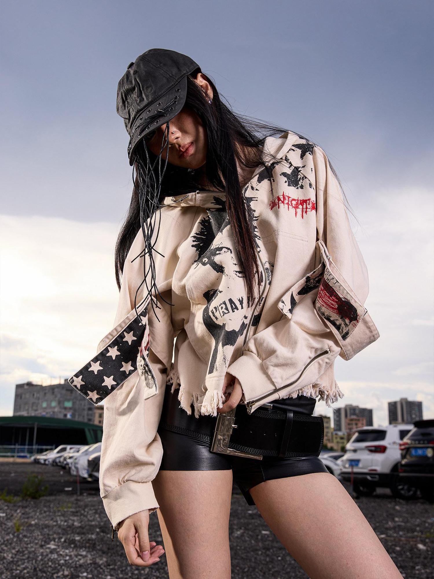 Dream Band Distressed Cropped Pocketed Character Print Women's Polyester Zip-up Hoodies