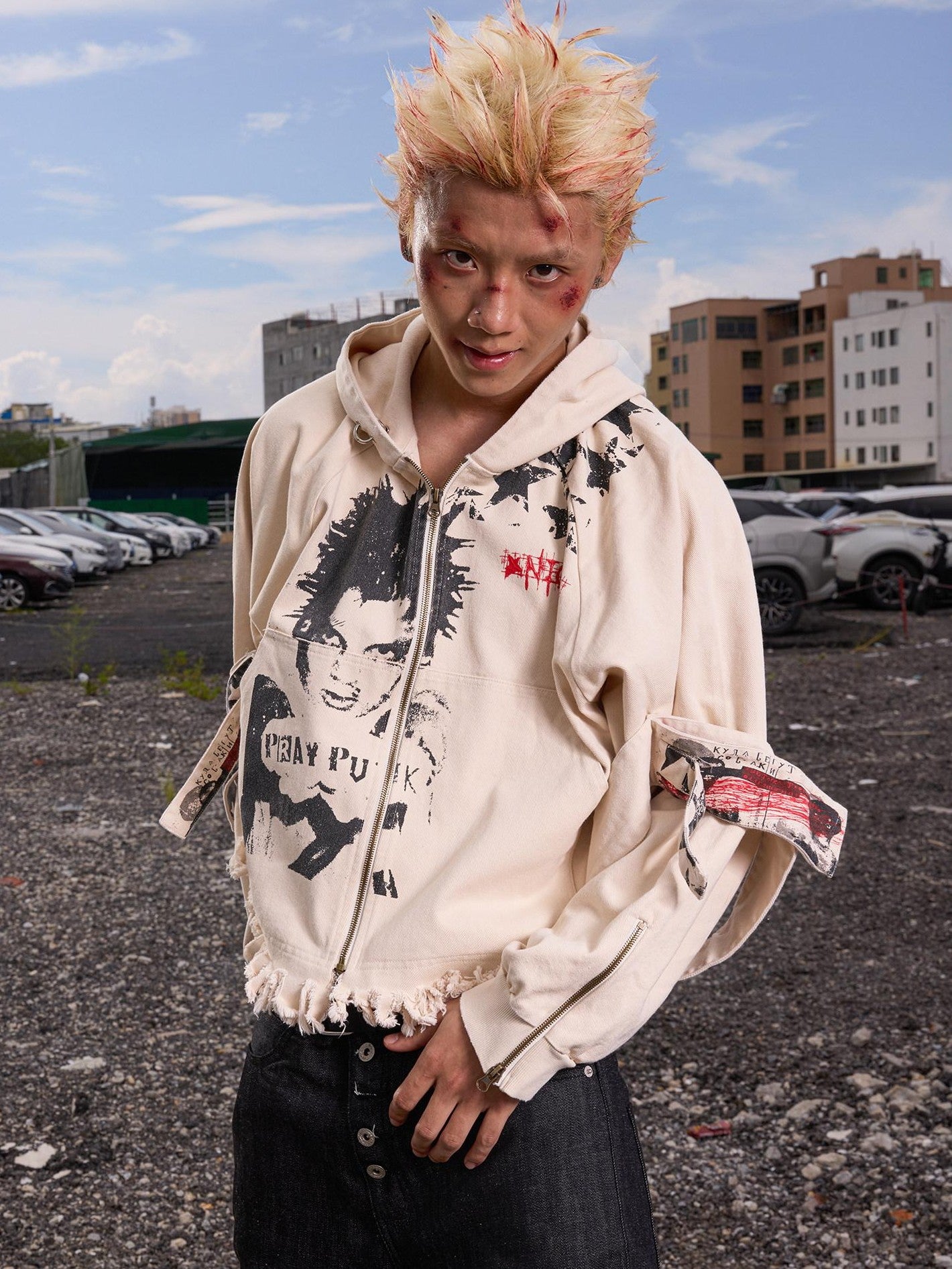 Dream Band Distressed Cropped Pocketed Character Print Women's Polyester Zip-up Hoodies