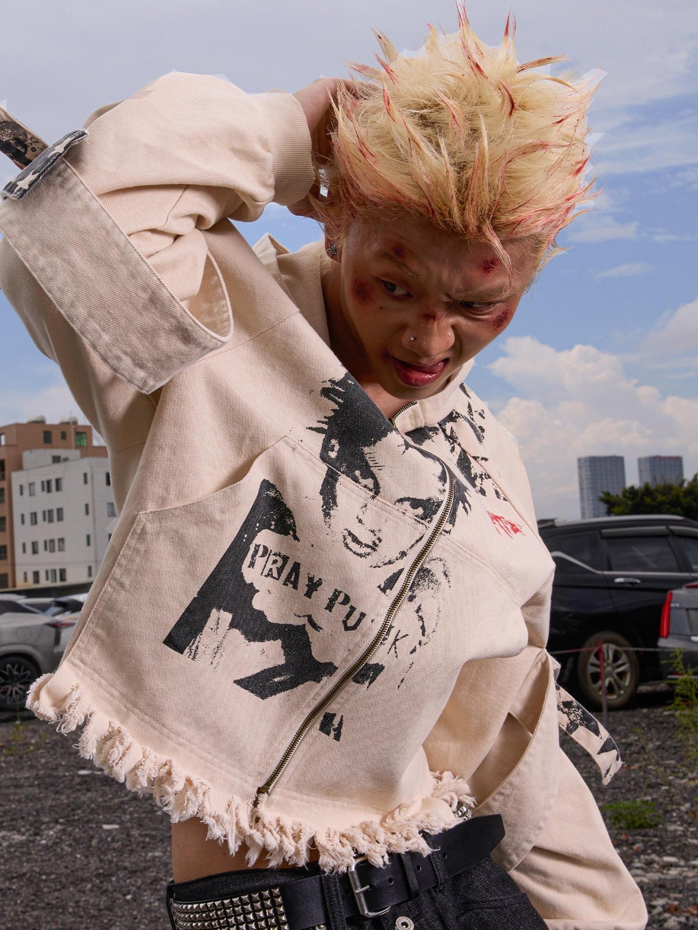 Dream Band Distressed Cropped Pocketed Character Print Women's Polyester Zip-up Hoodies