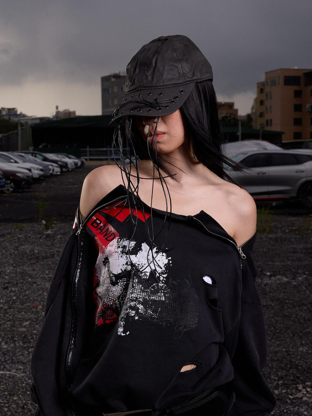 Dream Band Distressed Faux Tape Big Zipper Letters Women's Cotton Pullover Hoodies