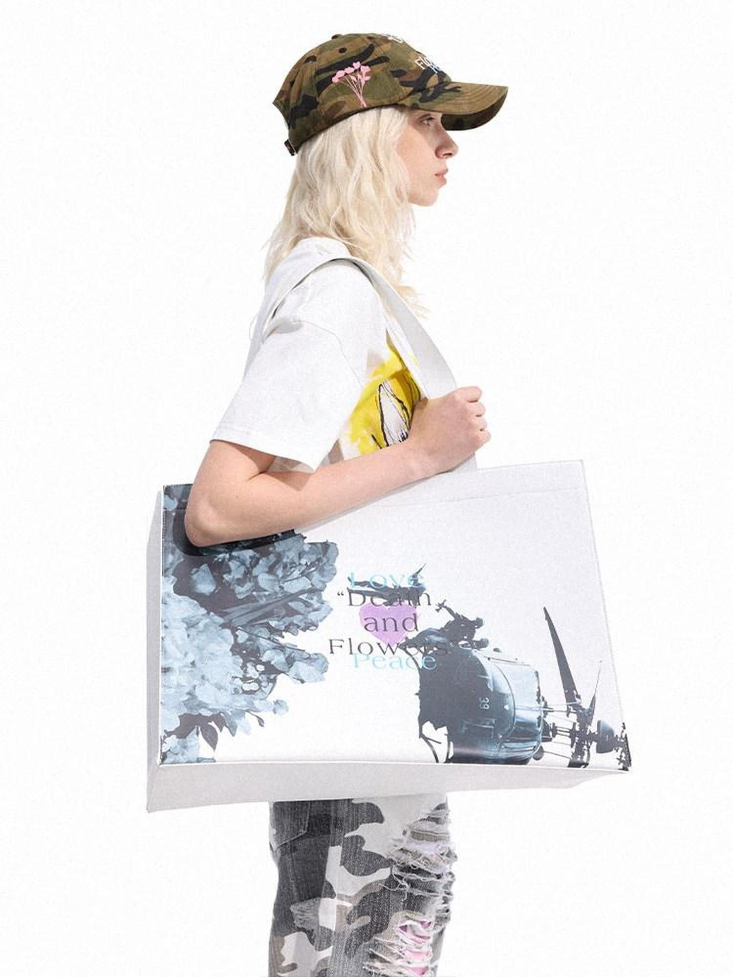 Dream Band Floral Print Horizontal Square Single Strap Open Top Women's Pu Tote Bags
