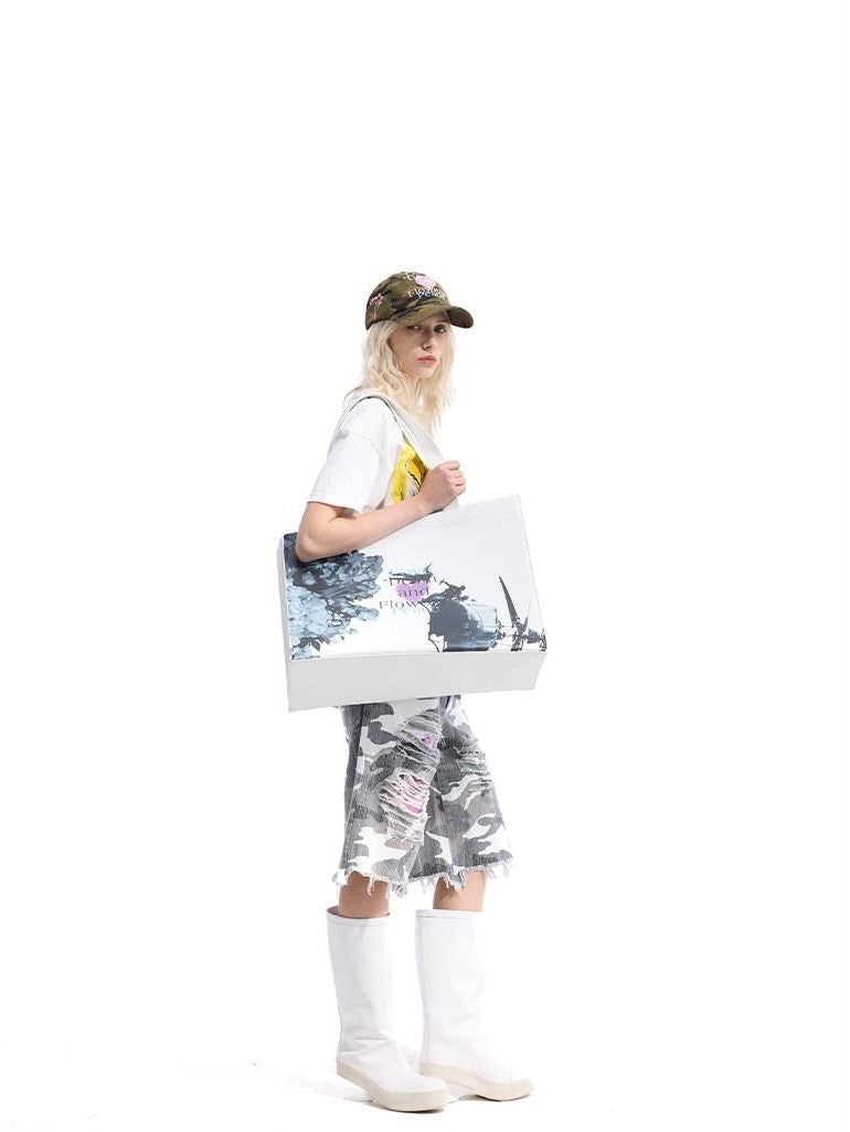 Dream Band Floral Print Horizontal Square Single Strap Open Top Women's Pu Tote Bags