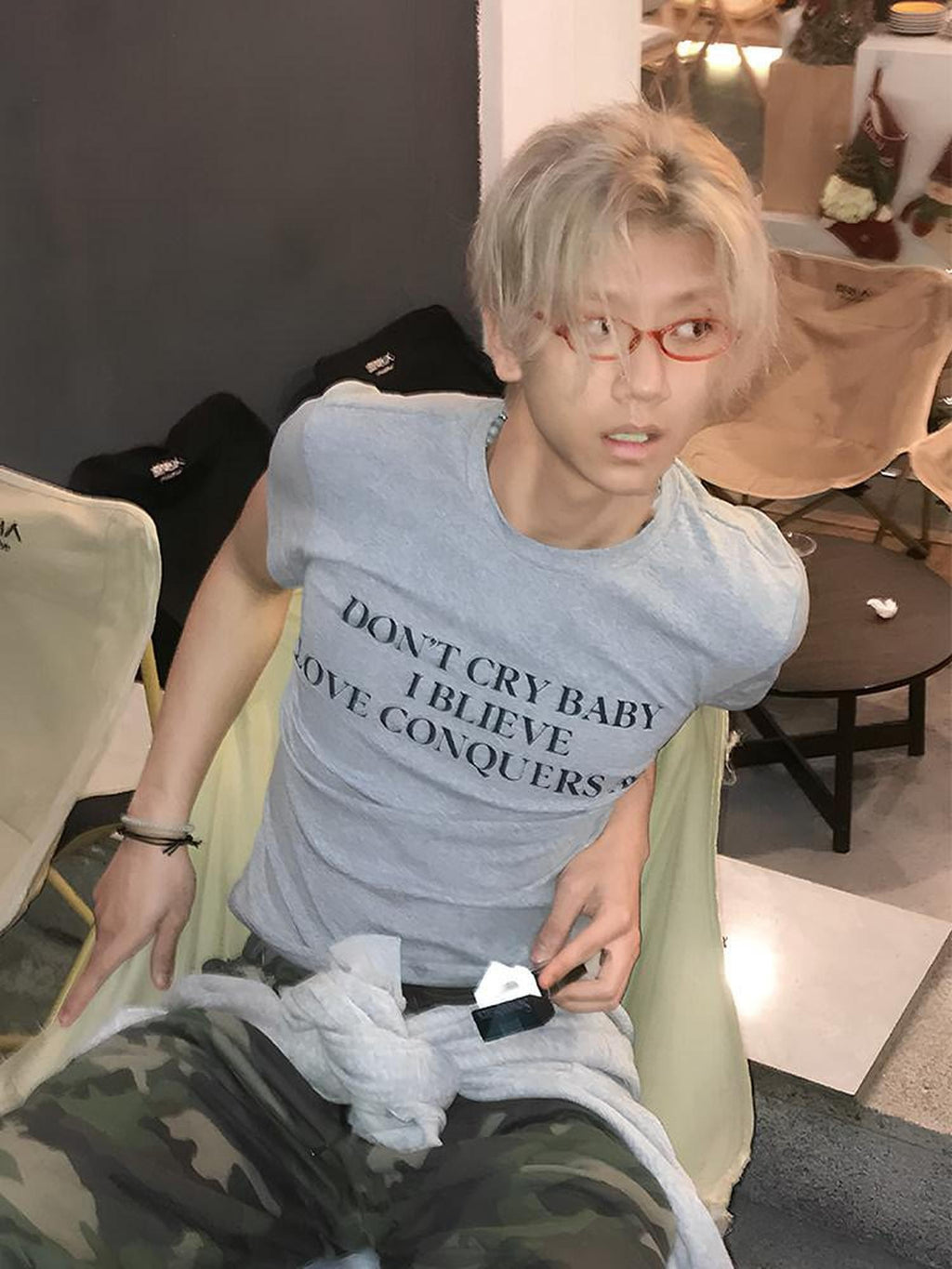 Dream Band Light Gray Letter Print Slim Fit Women's Cotton Blend Short Sleeve T-shirts