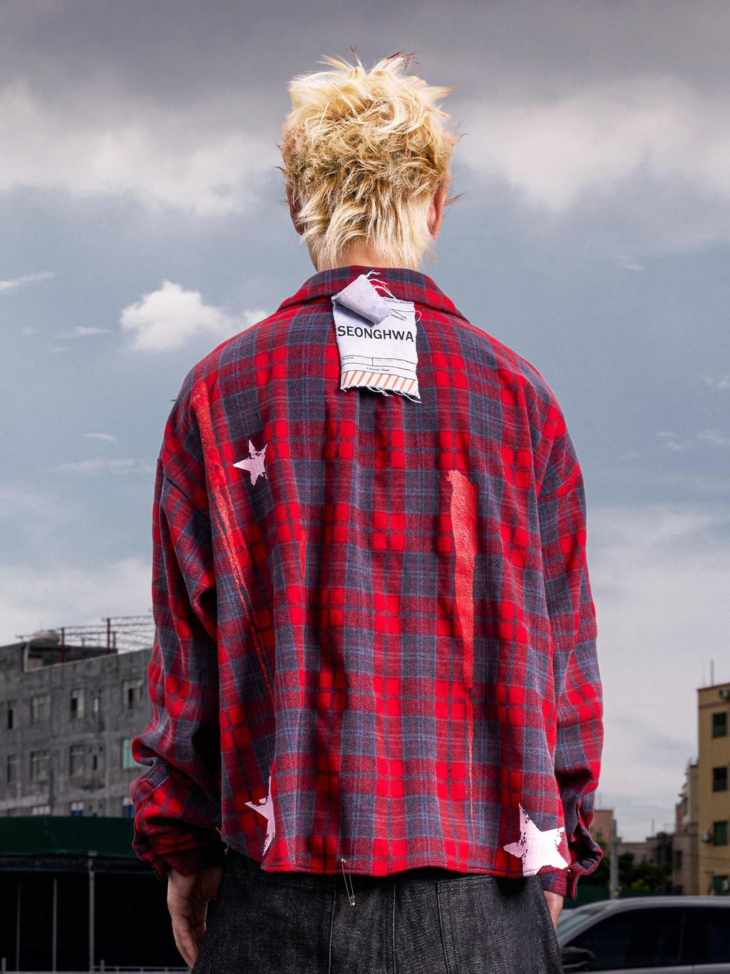 Dream Band Negative Space Distressed Plaid Rivet Patch Women's Pure Cotton Flannel Shirts