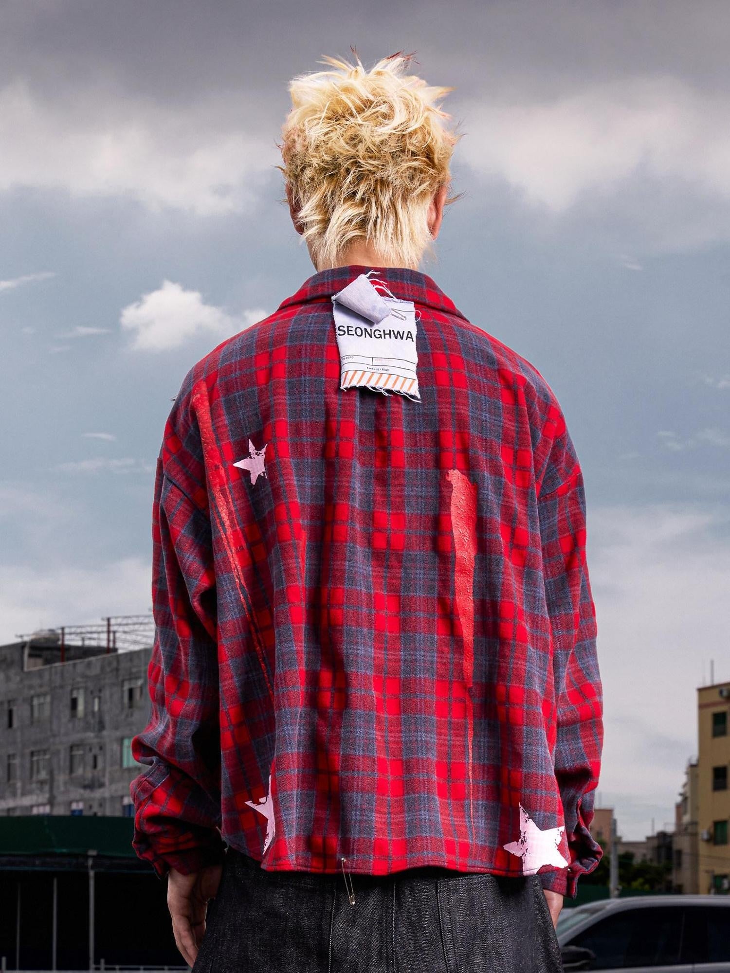 Dream Band Negative Space Distressed Plaid Rivet Patch Women's Pure Cotton Flannel Shirts