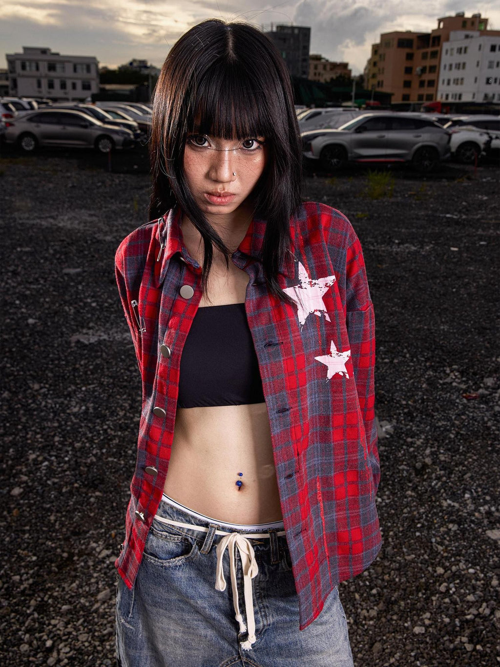 Dream Band Negative Space Distressed Plaid Rivet Patch Women's Pure Cotton Flannel Shirts