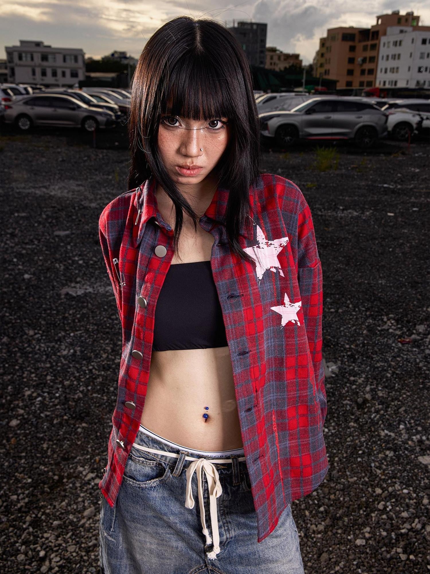 Dream Band Negative Space Distressed Plaid Rivet Patch Women's Pure Cotton Flannel Shirts
