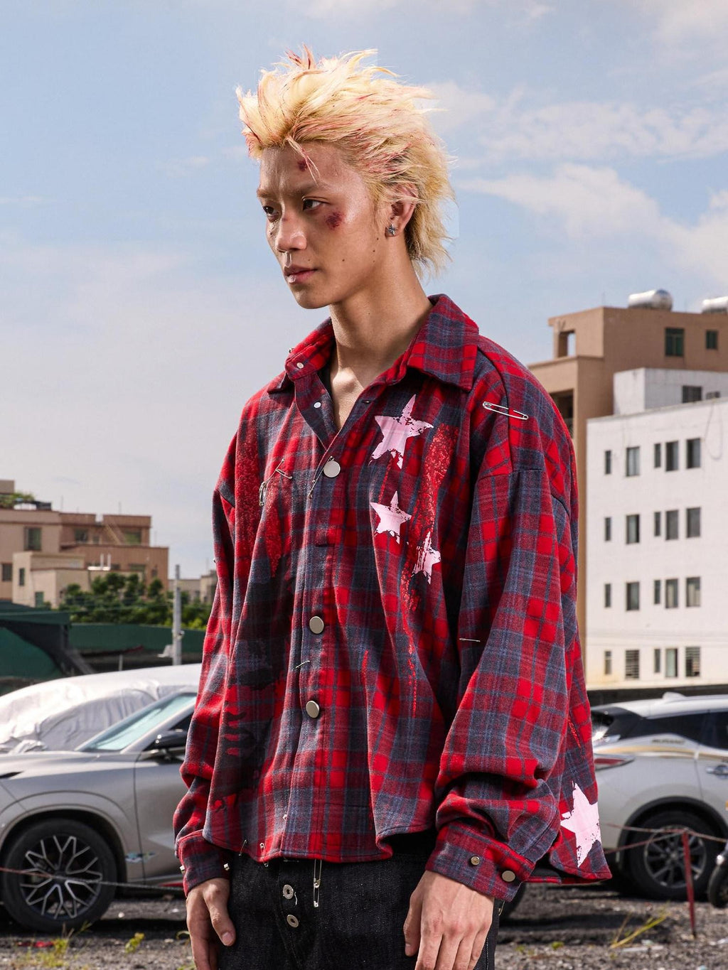 Dream Band Negative Space Distressed Plaid Rivet Patch Women's Pure Cotton Flannel Shirts