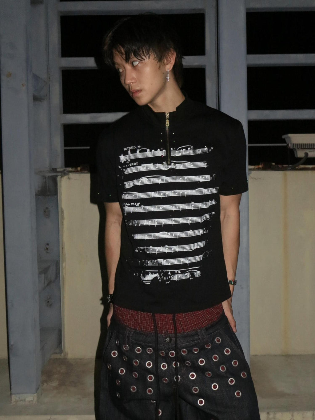 Dream Band Punk Musical Note Stand Collar Cinched Waist Women's Pure Cotton Henley T-shirts