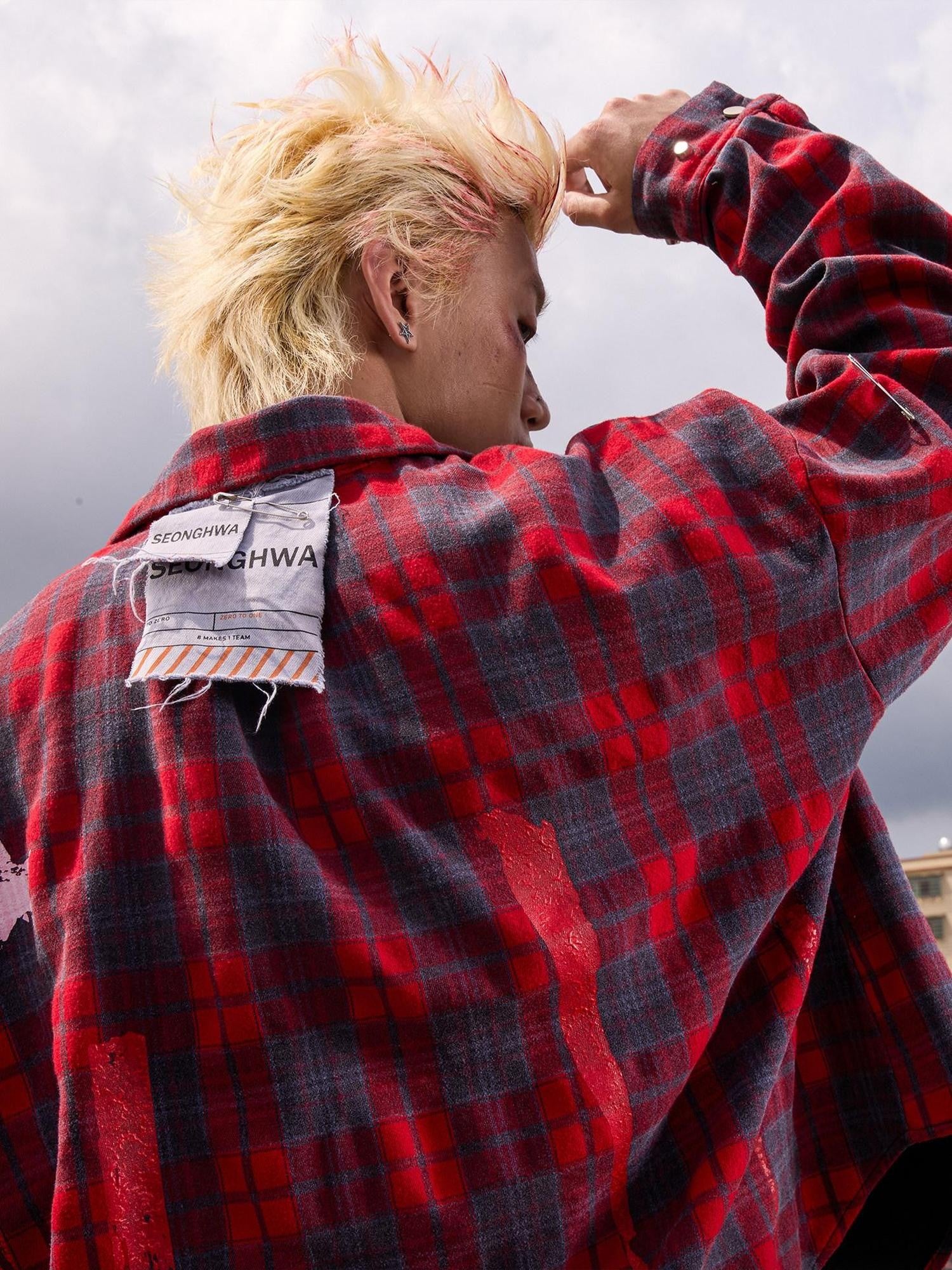 Dream Band Red Distressed Spliced Plaid Loose Women's Poly Cotton Flannel Shirts