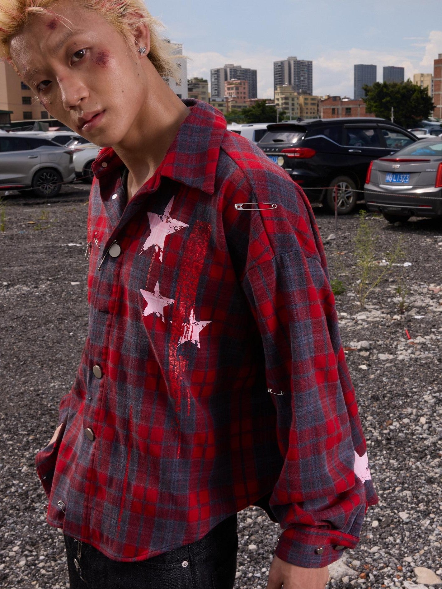 Dream Band Red Distressed Spliced Plaid Loose Women's Poly Cotton Flannel Shirts