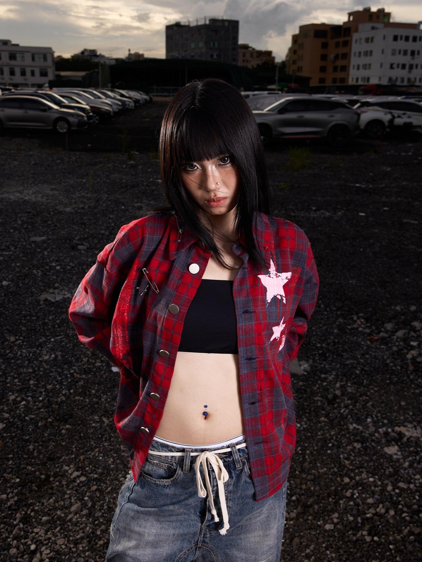 Dream Band Red Distressed Spliced Plaid Loose Women's Poly Cotton Flannel Shirts
