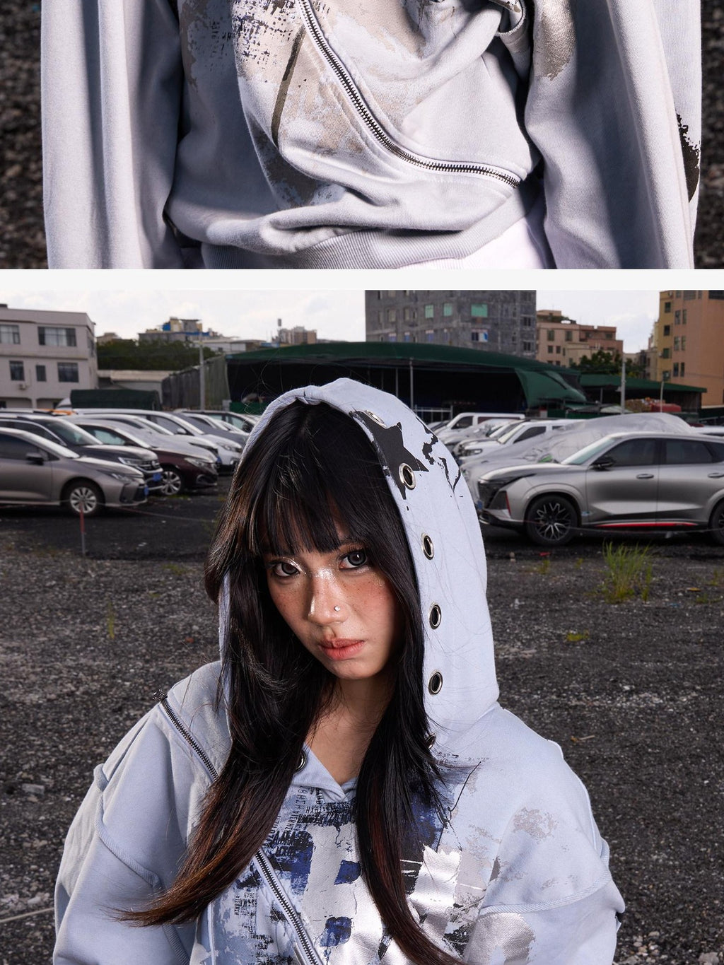 Dream Band Sky Blue Letter Print Zipper Hood Women's Cotton Blend Graphic Hoodies