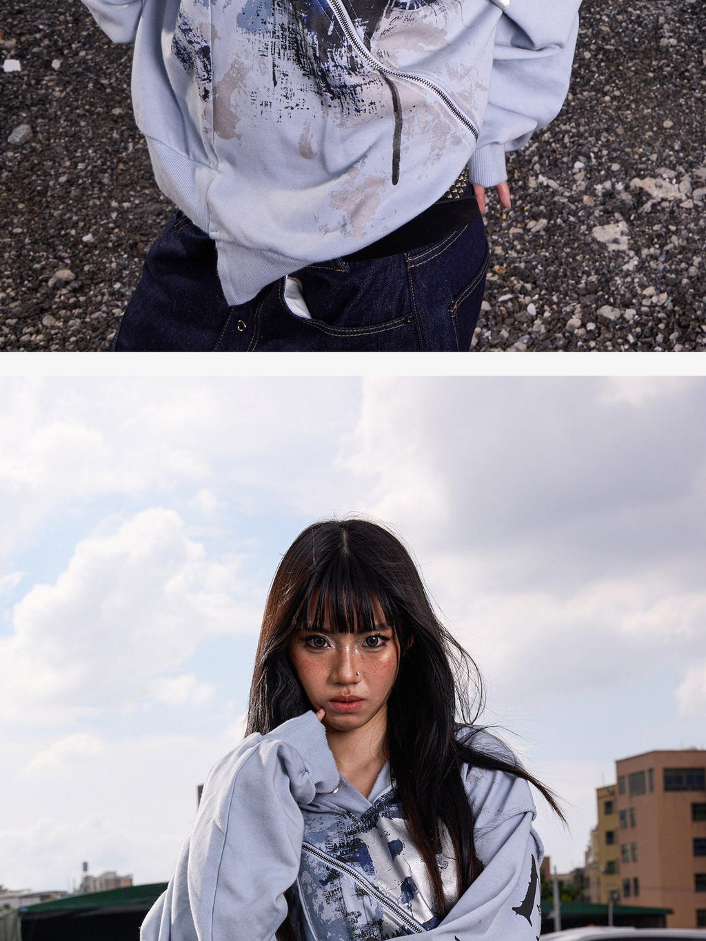 Dream Band Sky Blue Letter Print Zipper Hood Women's Cotton Blend Graphic Hoodies