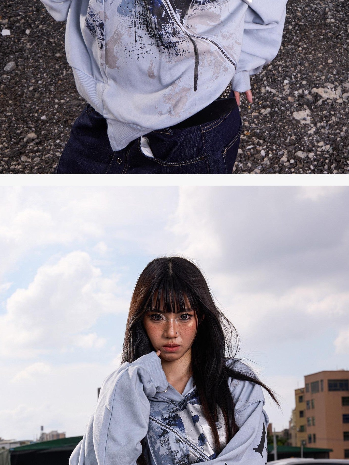 Dream Band Sky Blue Letter Print Zipper Hood Women's Cotton Blend Graphic Hoodies