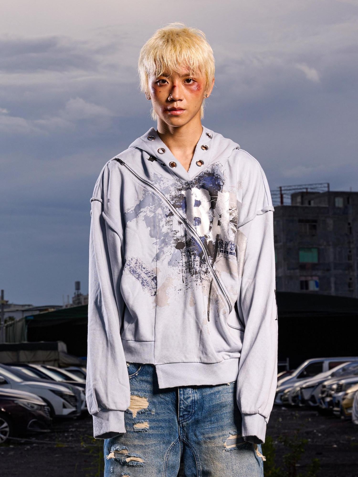 Dream Band Sky Blue Letter Print Zipper Hood Women's Cotton Blend Graphic Hoodies