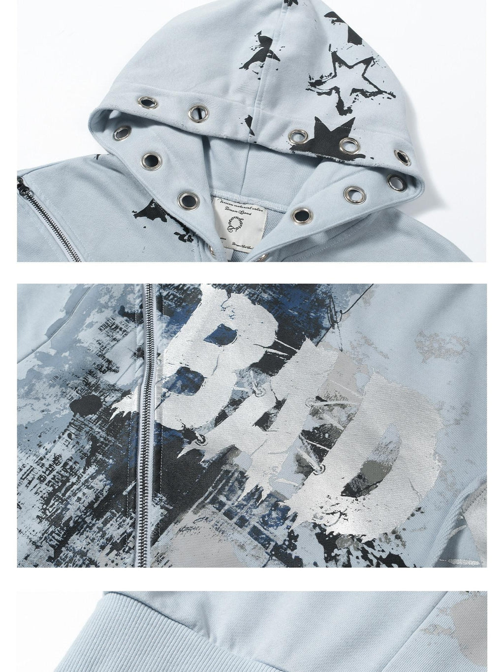 Dream Band Sky Blue Letter Print Zipper Hood Women's Cotton Blend Graphic Hoodies