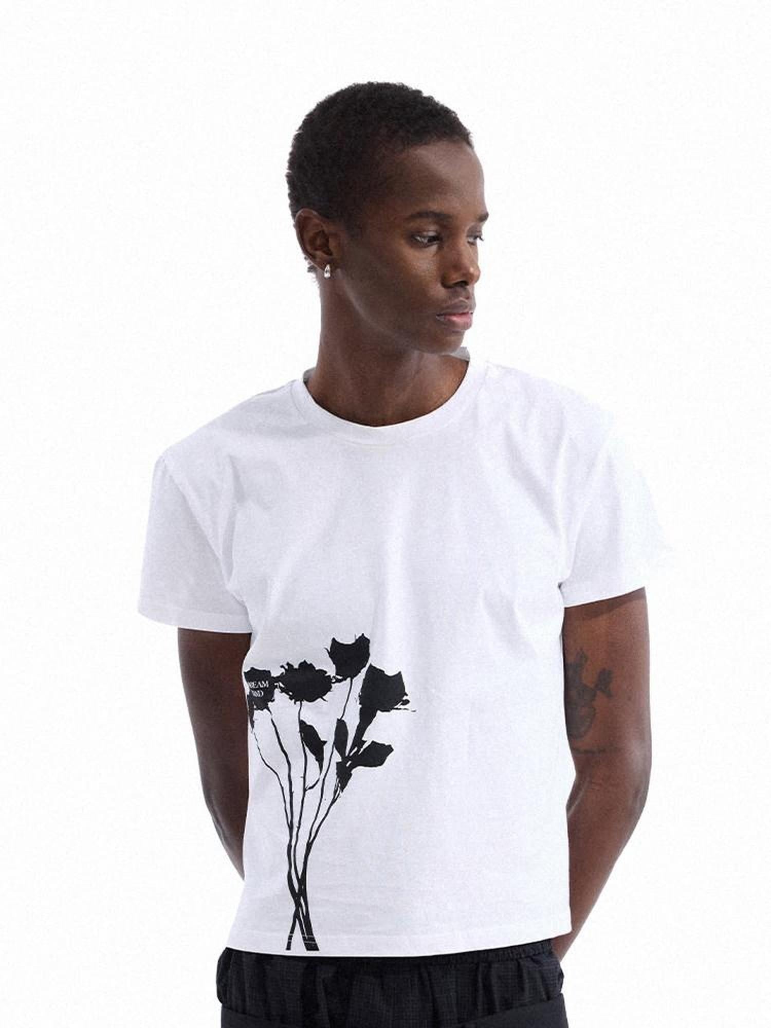 Dream Band White Floral Slim Fit Round Neck Women's Cotton Short Sleeve T-shirts