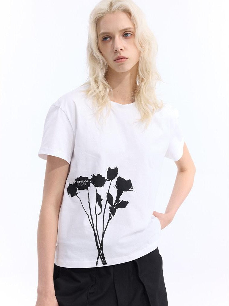 Dream Band White Floral Slim Fit Round Neck Women's Cotton Short Sleeve T-shirts