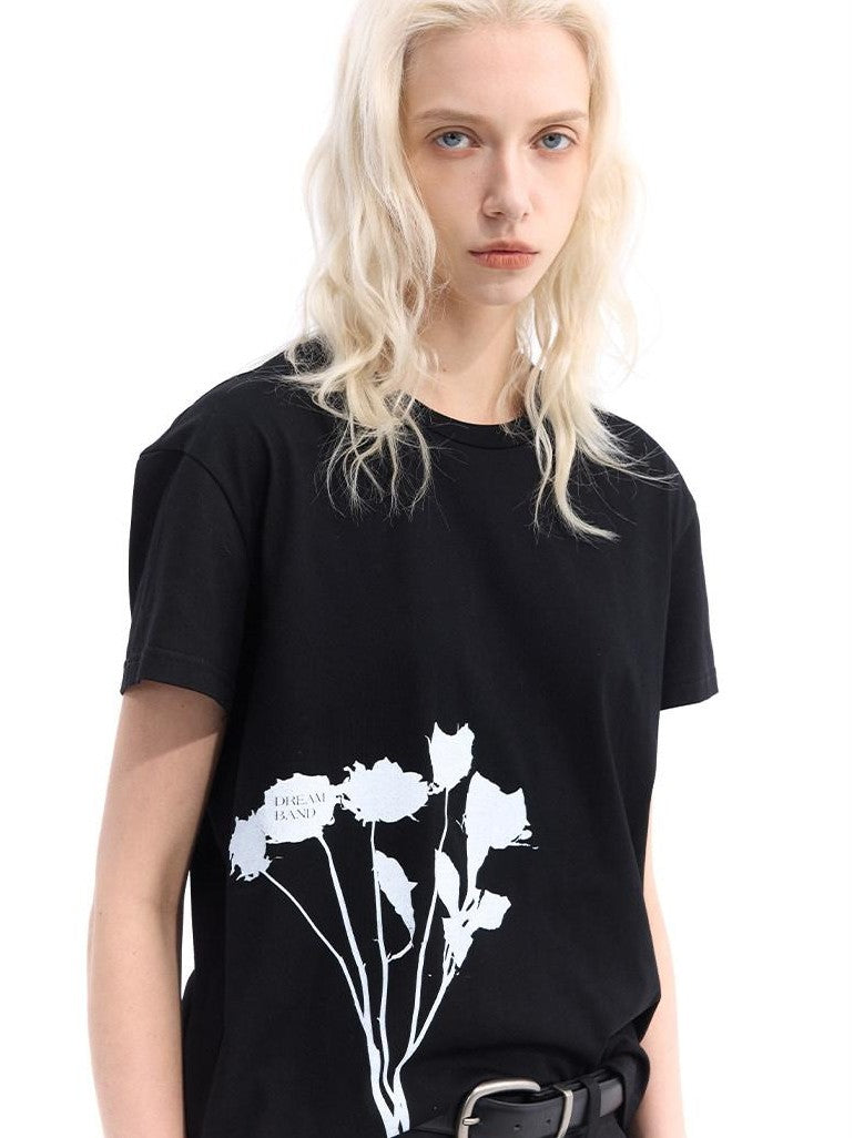 Dream Band White Floral Slim Fit Round Neck Women's Cotton Short Sleeve T-shirts