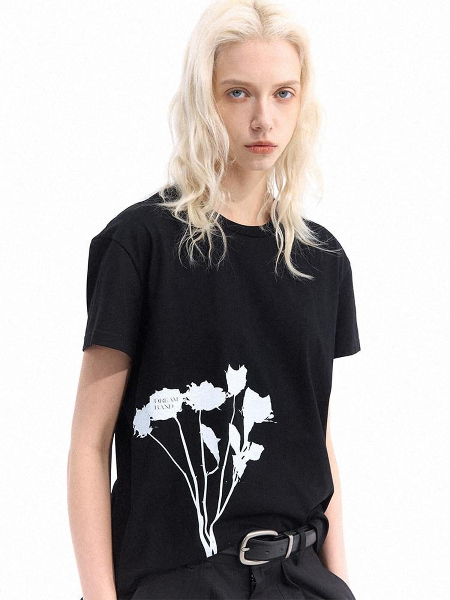 Dream Band White Floral Slim Fit Round Neck Women's Cotton Short Sleeve T-shirts