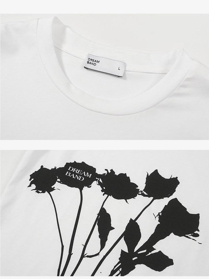 Dream Band White Floral Slim Fit Round Neck Women's Cotton Short Sleeve T-shirts