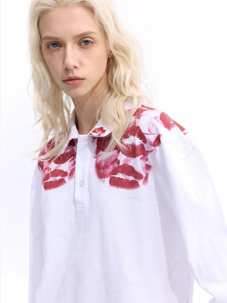 Dream Band White Lip Print Chinese Style Polo Collar Women's Long Sleeve Polos