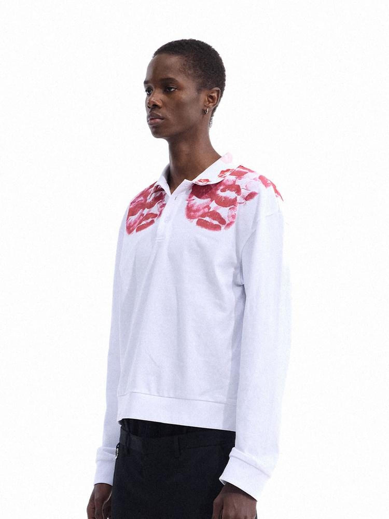 Dream Band White Lip Print Chinese Style Polo Collar Women's Long Sleeve Polos