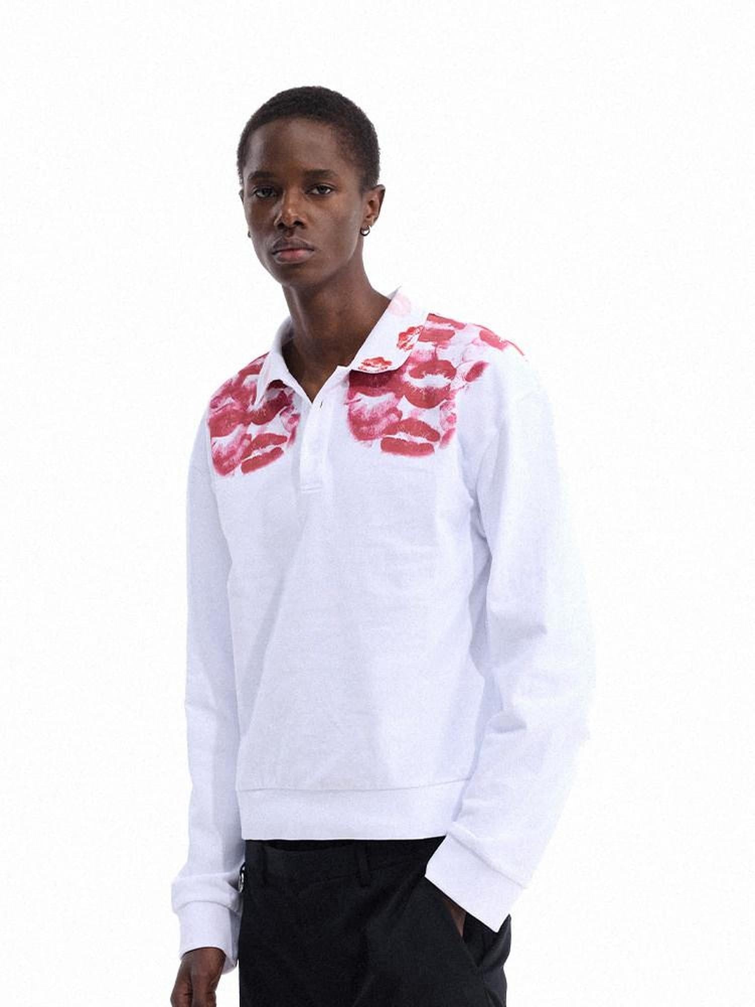 Dream Band White Lip Print Chinese Style Polo Collar Women's Long Sleeve Polos