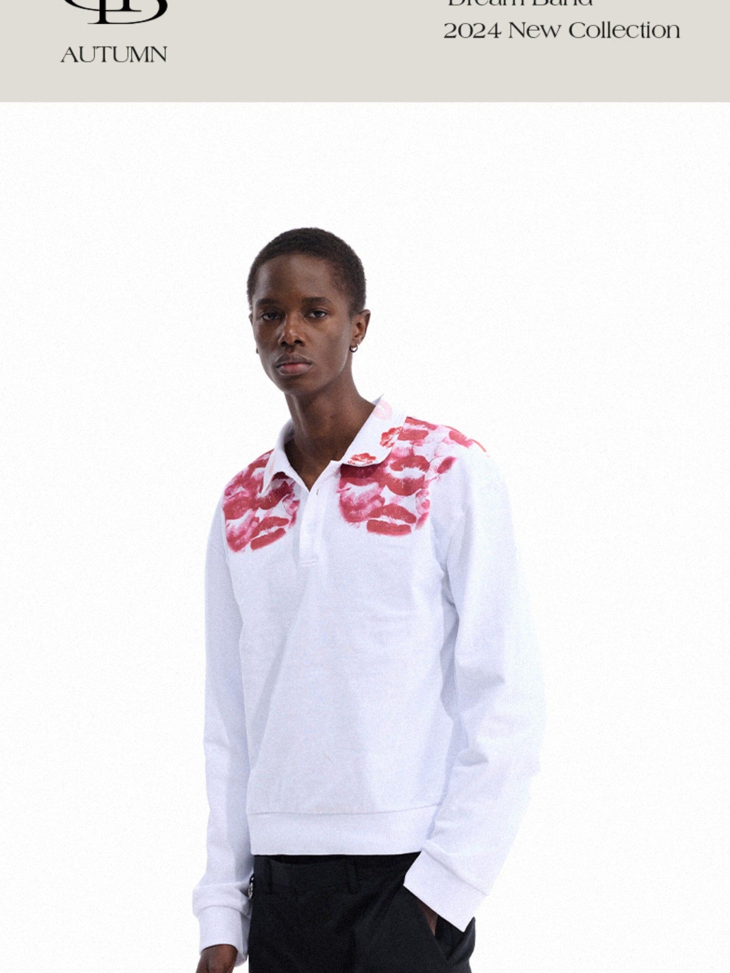 Dream Band White Lip Print Chinese Style Polo Collar Women's Long Sleeve Polos