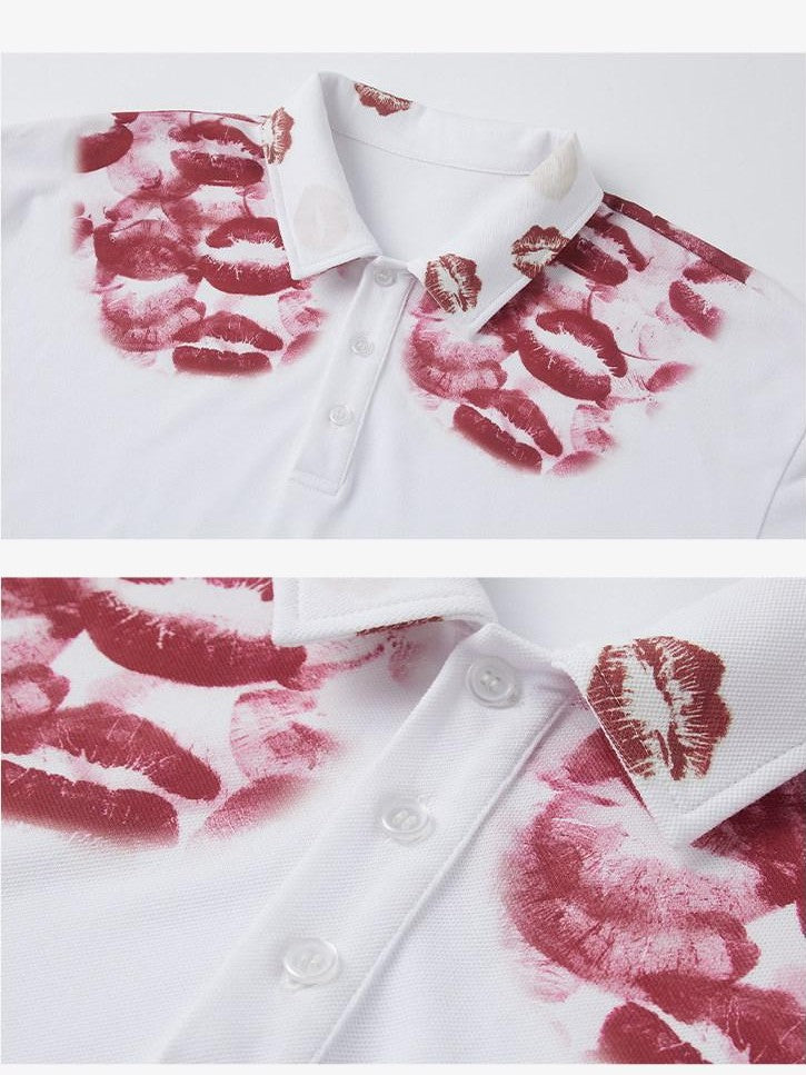 Dream Band White Lip Print Chinese Style Polo Collar Women's Long Sleeve Polos