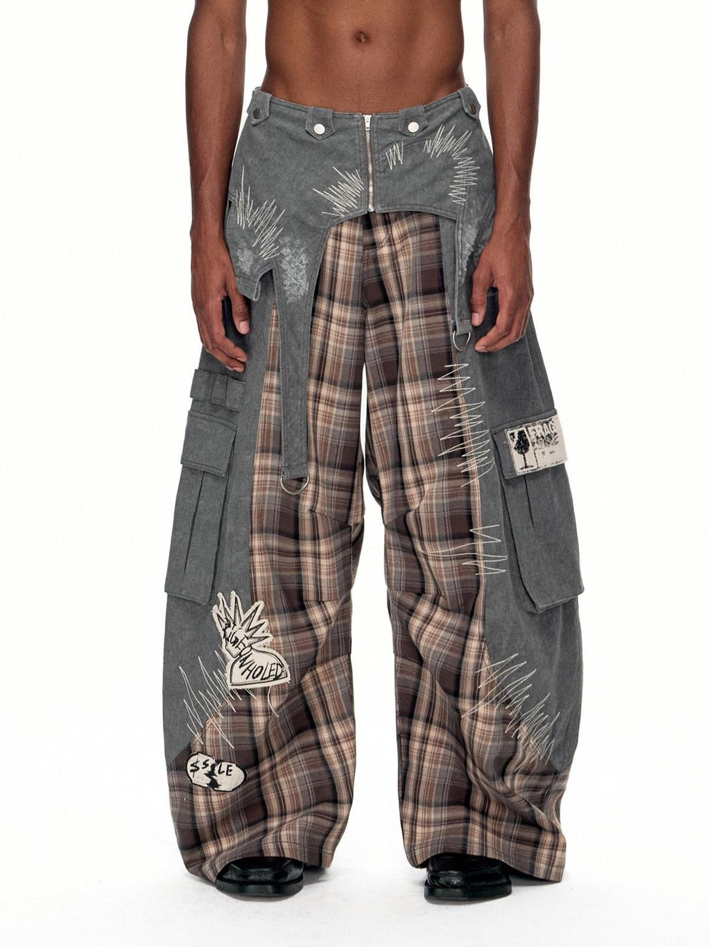 EMOBROTHER Durable Embroidered Cargo Mid Rise Cotton Gray Youth Casual Wide-Leg Pants