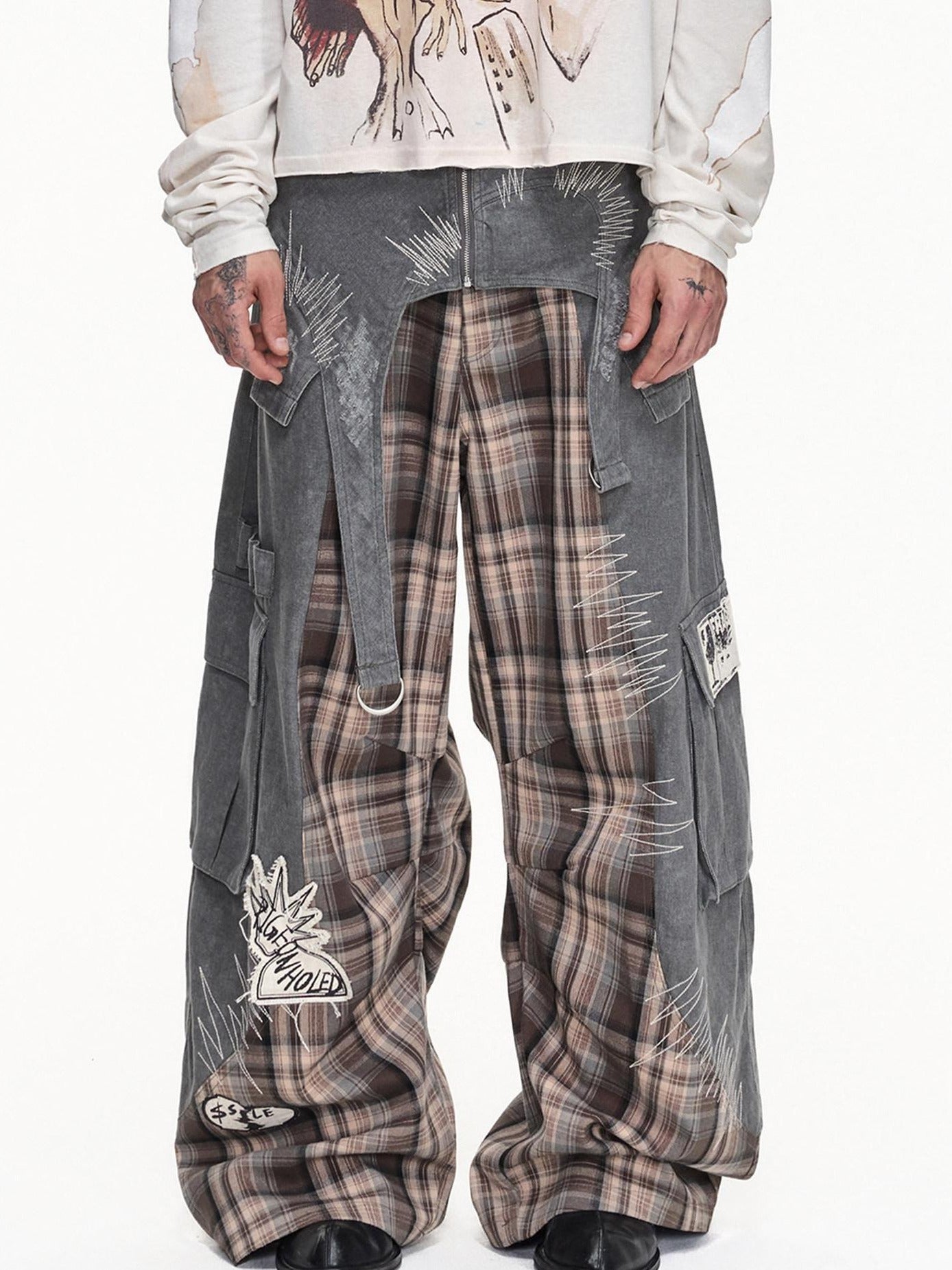 EMOBROTHER Durable Embroidered Cargo Mid Rise Cotton Gray Youth Casual Wide-Leg Pants