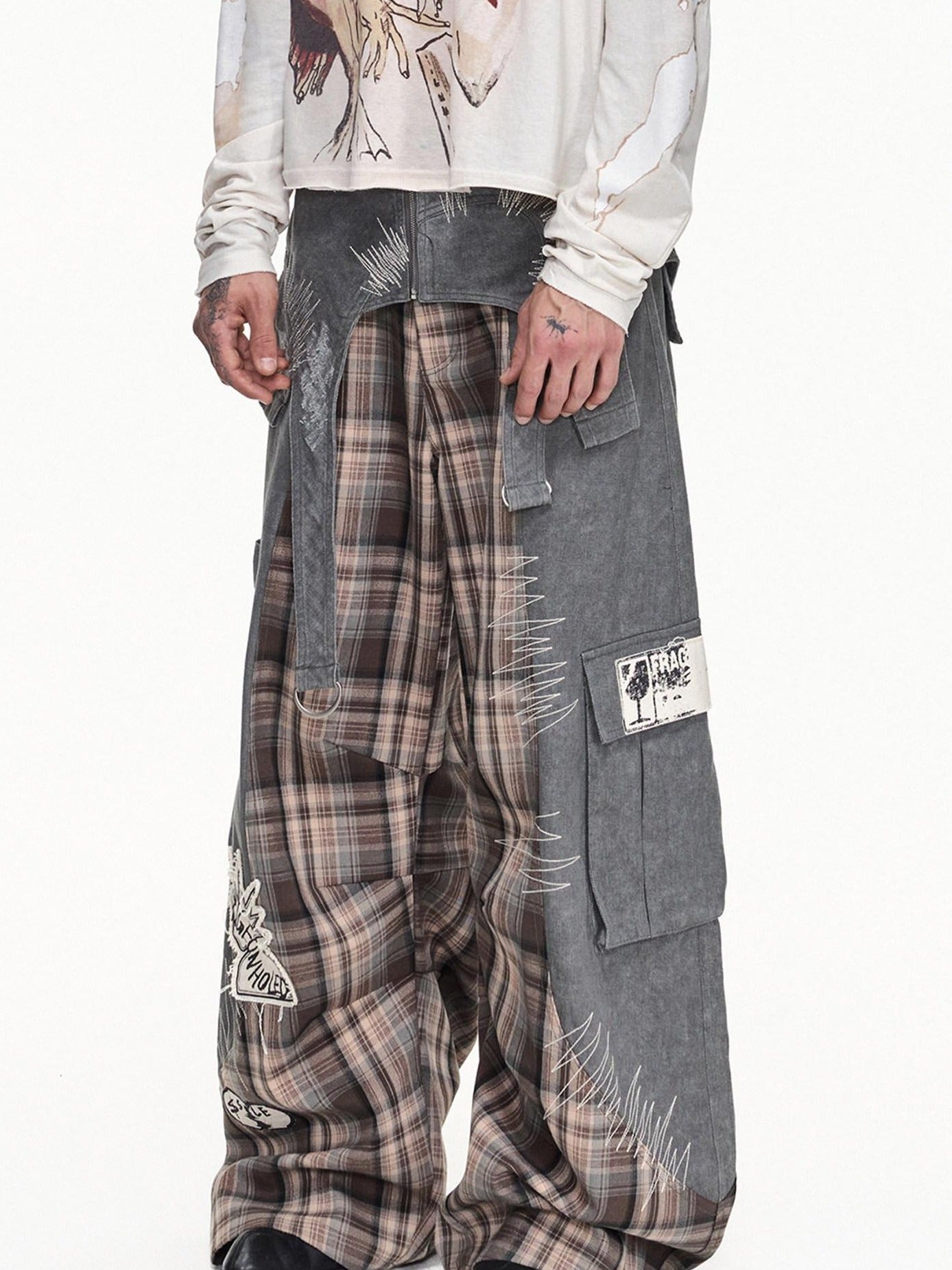 EMOBROTHER Durable Embroidered Cargo Mid Rise Cotton Gray Youth Casual Wide-Leg Pants