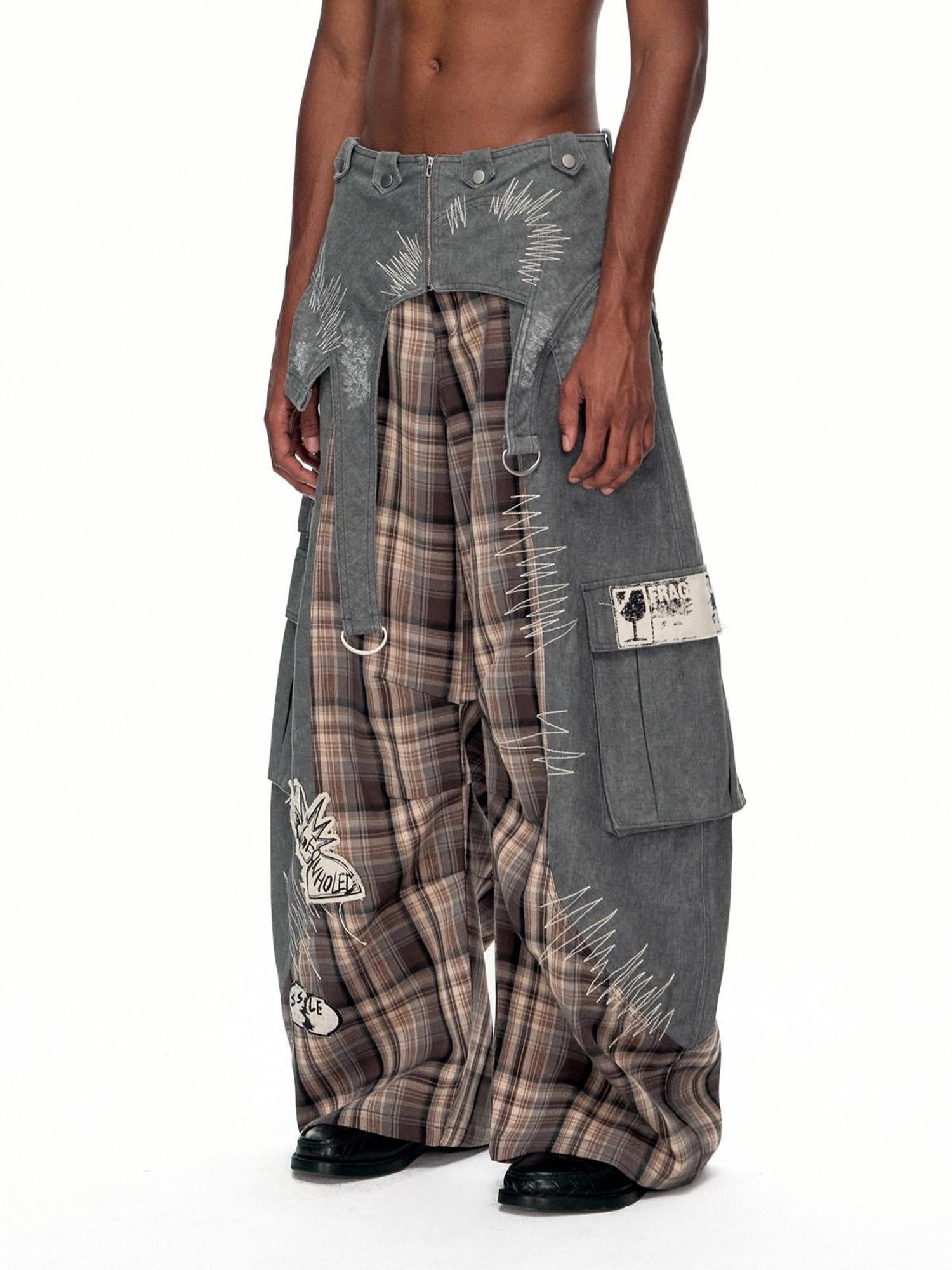 EMOBROTHER Durable Embroidered Cargo Mid Rise Cotton Gray Youth Casual Wide-Leg Pants