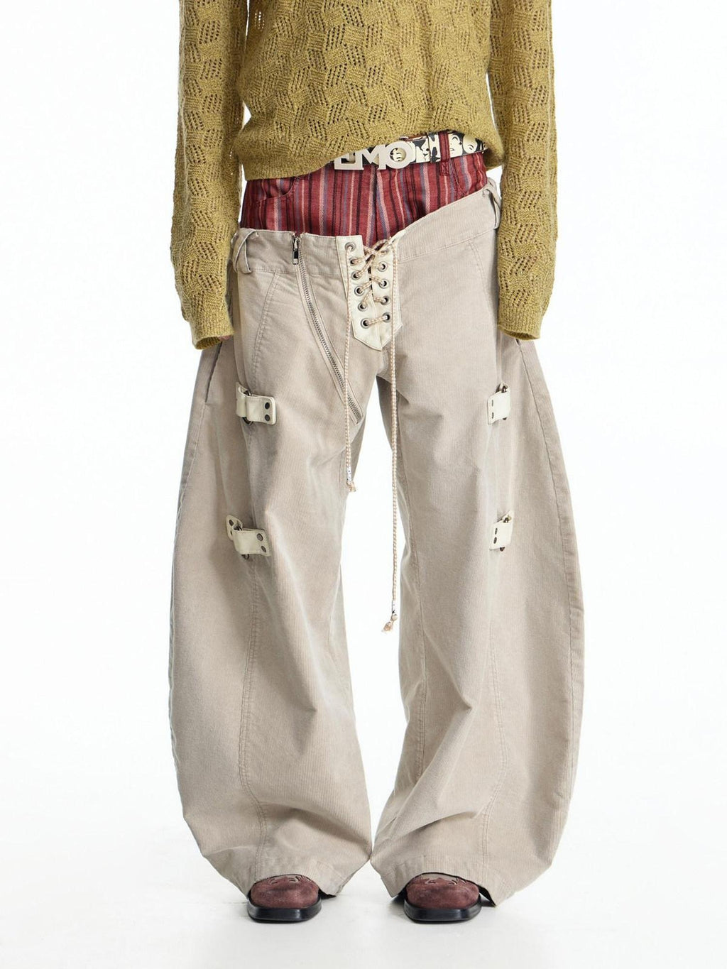 EMOBROTHER Shape Retaining Relaxed Patchwork Curved Beige Striped Wide-Leg Jeans