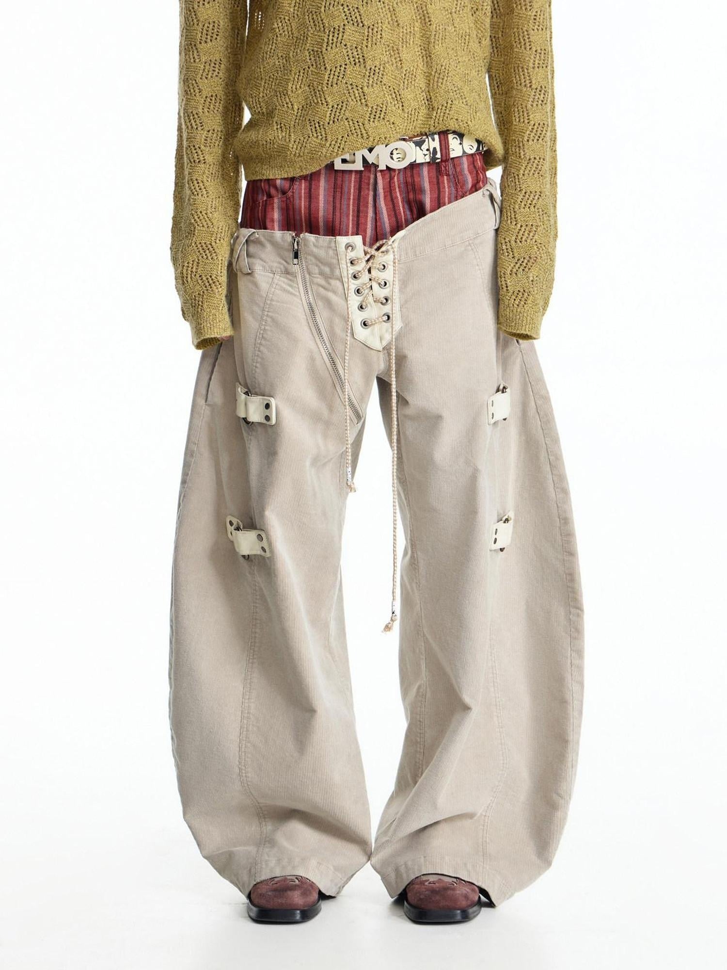 EMOBROTHER Shape Retaining Relaxed Patchwork Curved Beige Striped Wide-Leg Jeans