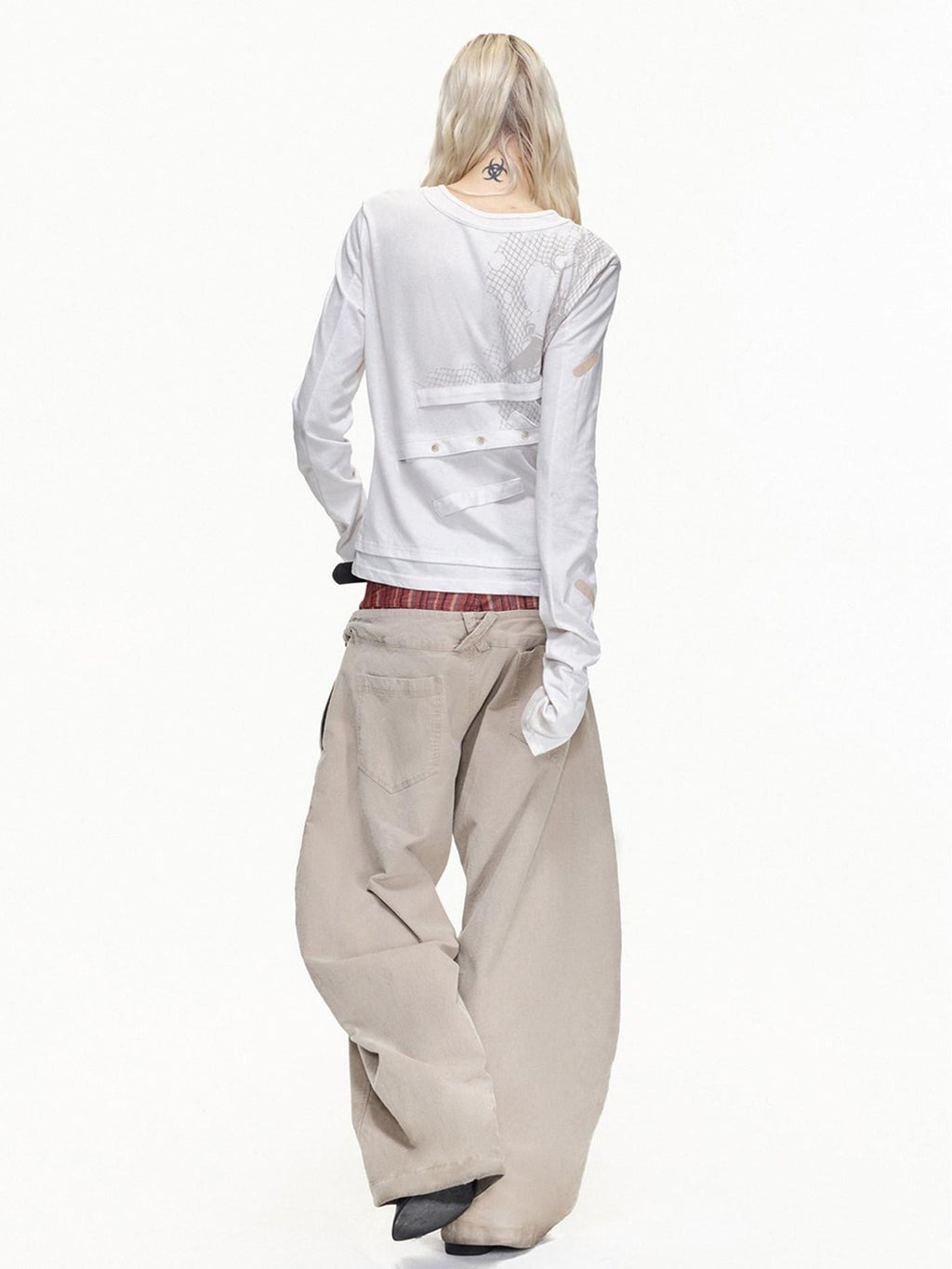EMOBROTHER Shape Retaining Relaxed Patchwork Curved Beige Striped Wide-Leg Jeans