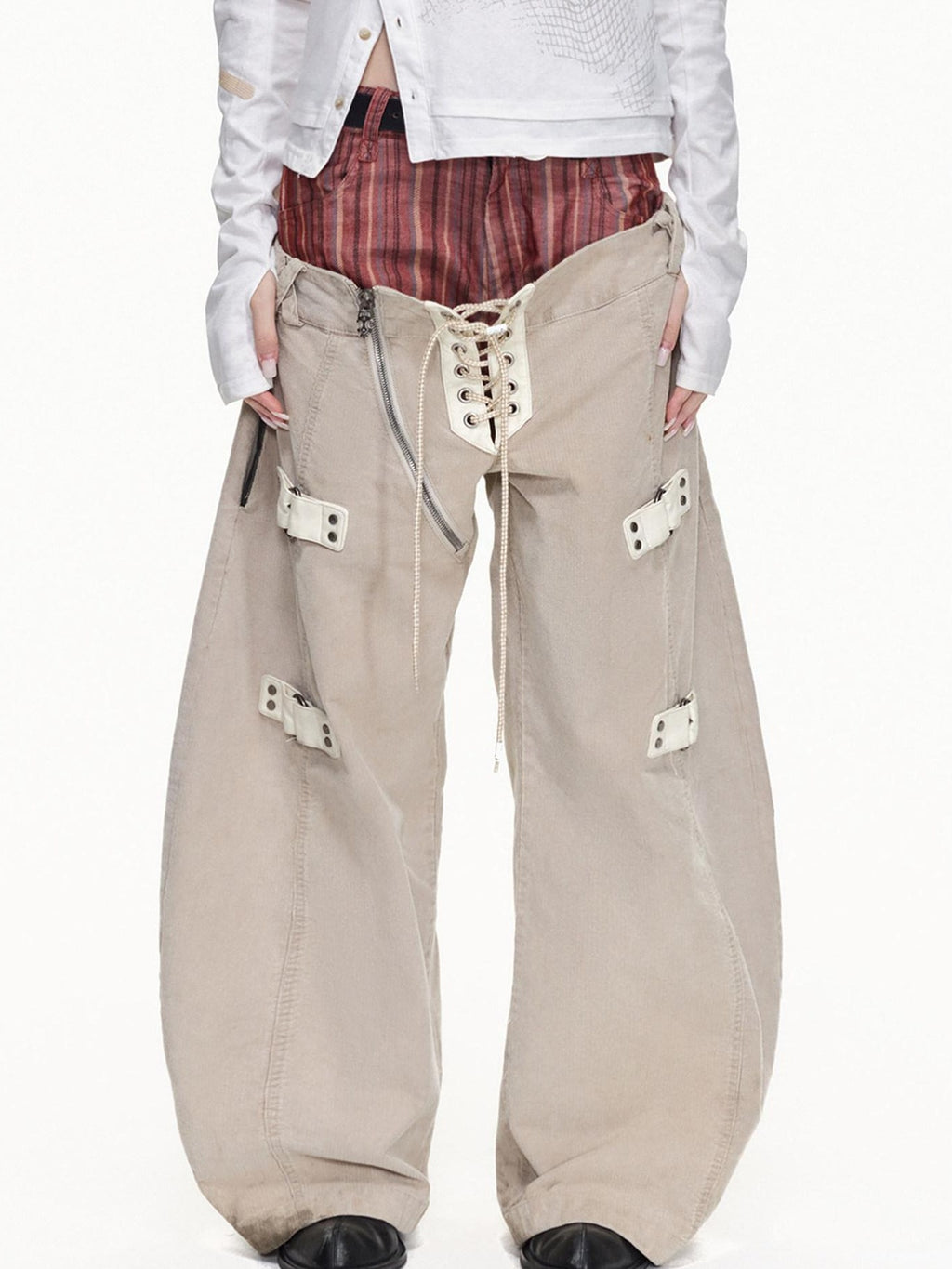 EMOBROTHER Shape Retaining Relaxed Patchwork Curved Beige Striped Wide-Leg Jeans