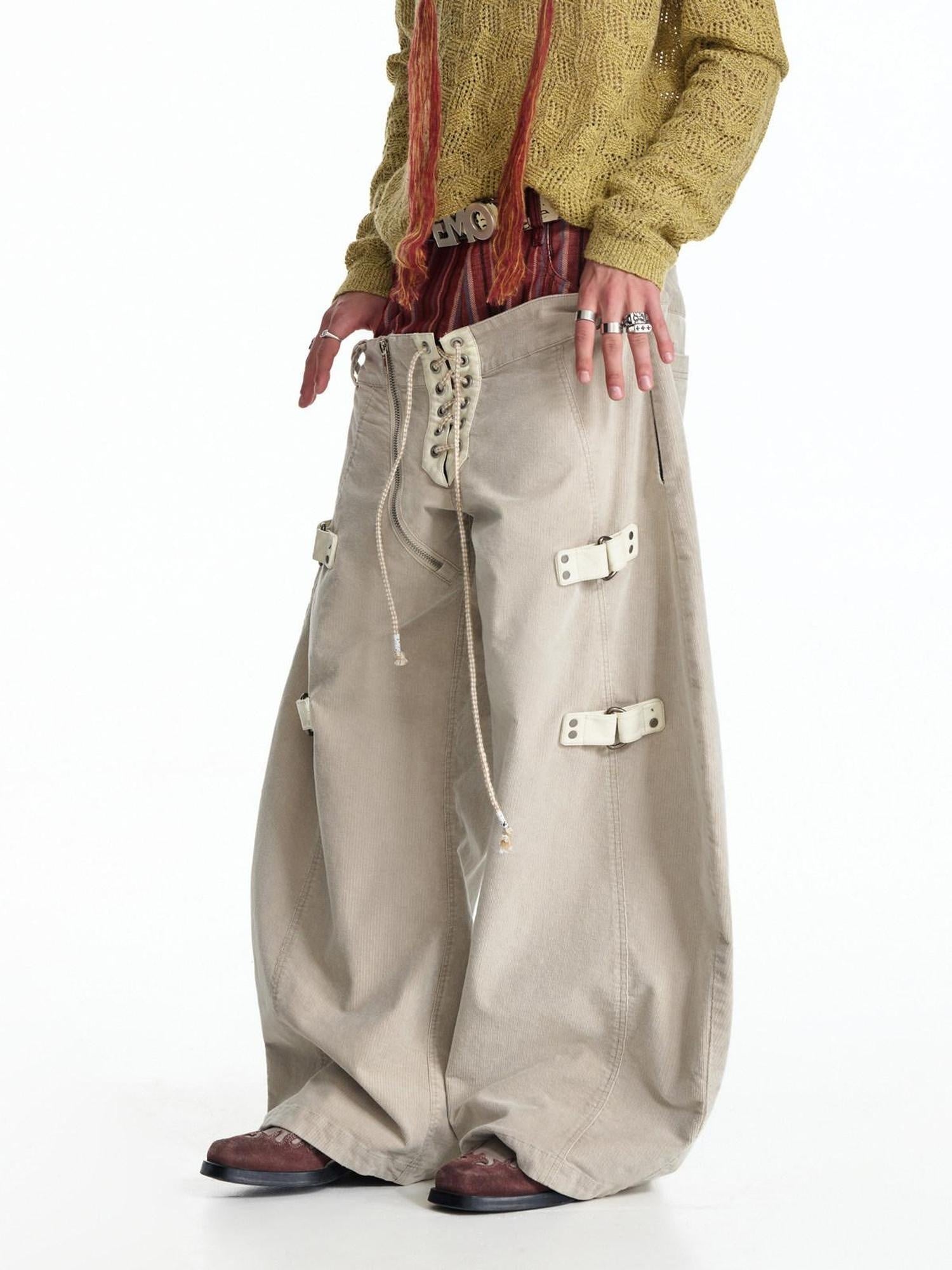 EMOBROTHER Shape Retaining Relaxed Patchwork Curved Beige Striped Wide-Leg Jeans