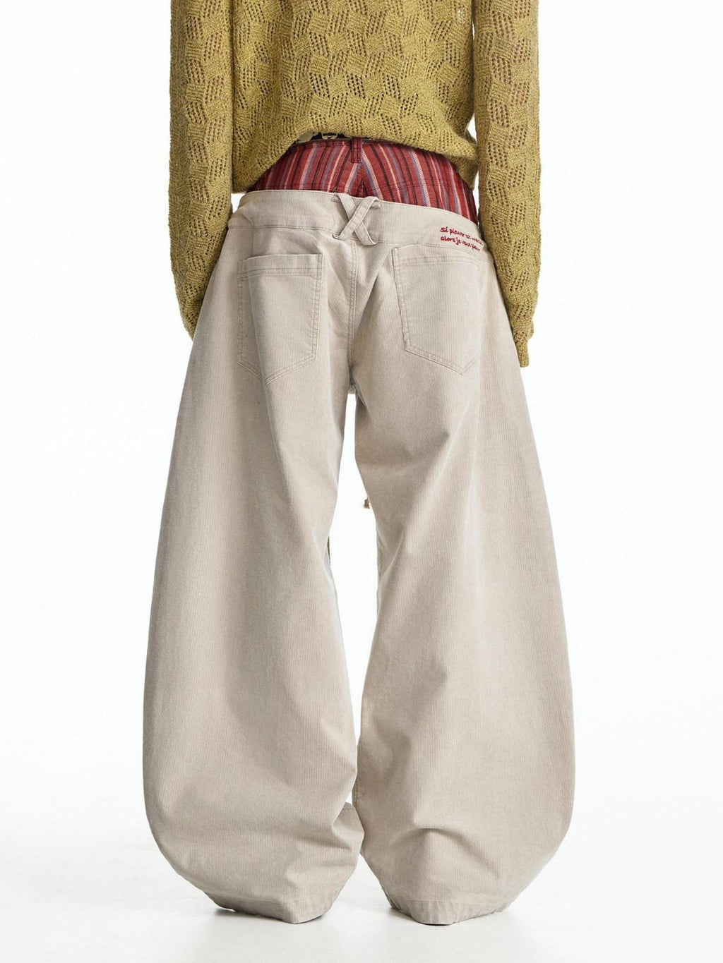 EMOBROTHER Shape Retaining Relaxed Patchwork Curved Beige Striped Wide-Leg Jeans